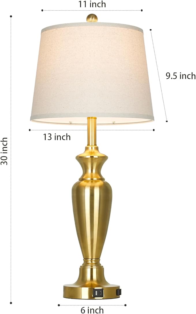 30" Tall Gold Table Lamps Set of 2 for Living Room, Touch Control Bedside Lamps for Nightstand, 3-Way Dimmable Bedroom Table Lamp with USB A+C Ports and AC Outlet (2 LED Bulbs Included)
