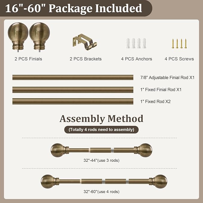 Antique Bronze Curtain Rods for Windows 28 to 48 Inch 1" Diameter Adjustable Heavy Duty Brass Window Curtain Rod with Metal Finials for Living Room Bedroom Farmhouse Kitchen Outdoor