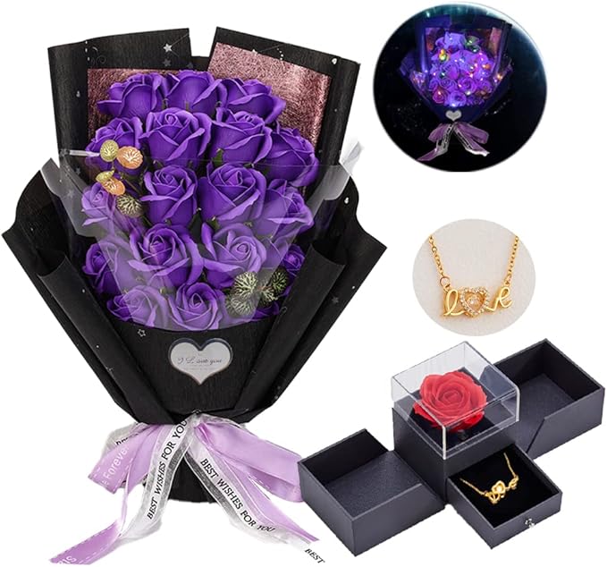 EIGHTOWN Roses Bouquet Artificial Flower - Preserved Purple Rose Flowers with Love Necklace for Her - Unique Gifts Valentine's Day, Mother's Day, Thanksgiving, Birthday, Anniversary