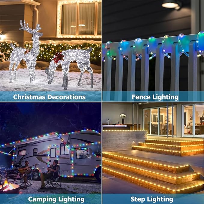 200ft Outdoor Rope Light, IP68 Waterproof 25 Color Changing String Lights with 149 Modes, Warm White & RGB LED Multicolor Twinkle Fairy Tube Lights for Indoor & Outside Railing, Balcony, Patio Decor
