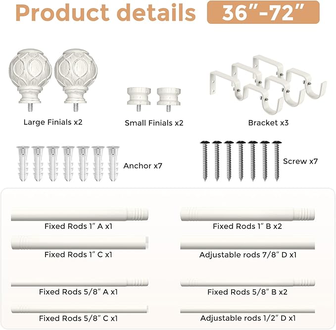 White Double Curtain Rod, 36 to 72 Inch Dual Curtain Rods with Boho Netted Texture Finials, Decorative 1 Inch Adjustable Window Treatment Rods, Antique Vintage Farmhouse Double Drapery Pole