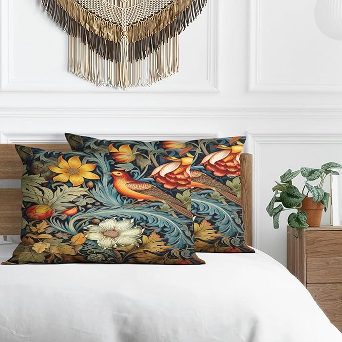 William Morris Pillow Protectors with Zipper Standard Size Vintage Bird Floral Print Pillow Covers Set of 2 Moody Botanical Dark Academia Pillowcases Mid Century Bed Pillow Covers 30"X20"