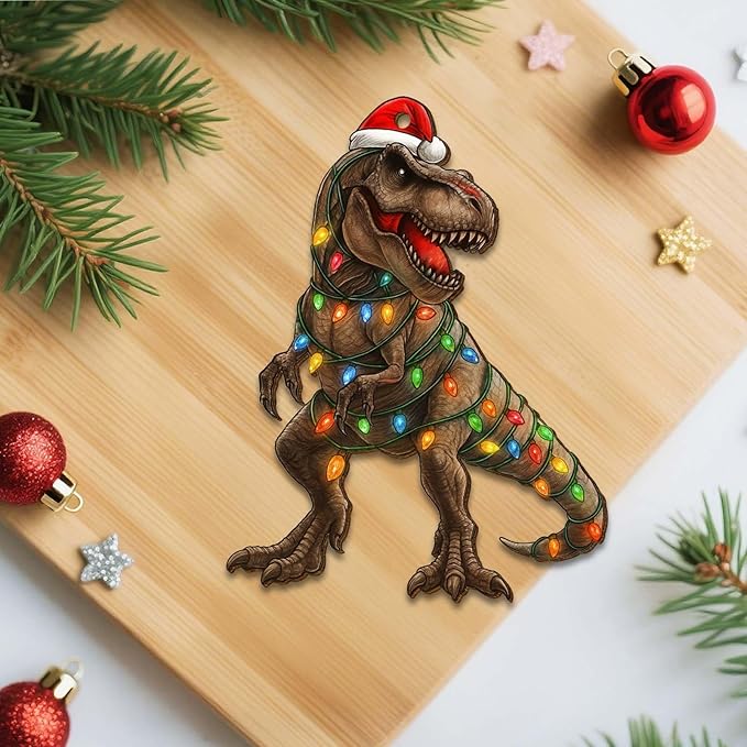 2 Side Printed Flat Christmas Wooden Ornaments, Animal Keepsake Hanging Tree Decoration, Santa Dinosaur Ornament