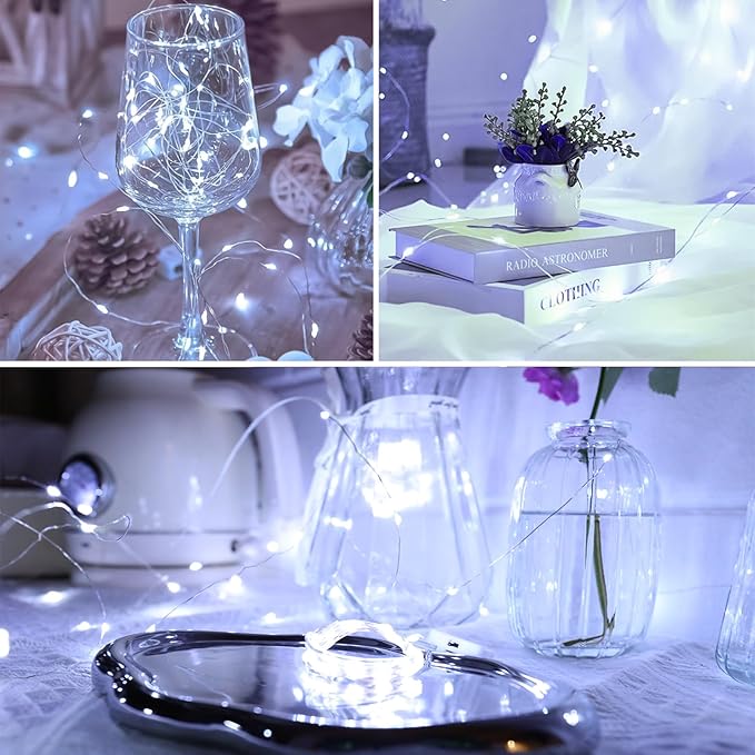 White Fairy Lights Battery Operated (Included), 8 Modes & Auto Timer, 2 Packs 5m 50Led Mini Twinkle Silver Wire Firefly Starry Lights, Waterproof Battery Operated Lights for Wedding Parties