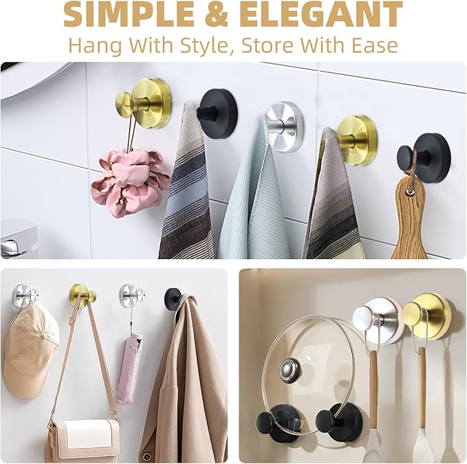 Upgrade Suction Cup Hooks for Shower,Heavy Duty Towel Hooks for Bathrooms, No Drill Suction Hooks for Inside Shower, Reusable Shower Hooks for Glass Doors & Windows(4, Brushed Gold)