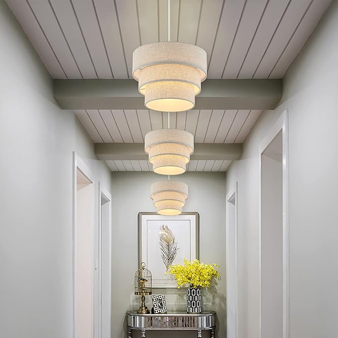 Plug in Pendant Light, Hanging Lamp with Dimmable Switch, Pendant Light Fixtures with 15 Ft Cord, Swag Light with Linen Fabric Shade for Bedroom, Kitchen, Living Room, Dining Table