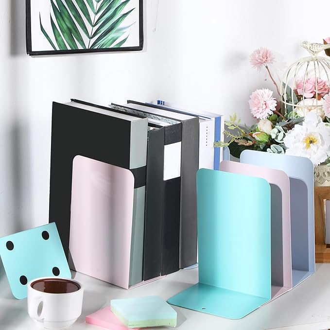 6 Pairs Metal Bookends Book Stopper for Shelves Office Book Holder Library Bookend for Heavy Books Desk Home Bookshelf School (Macaron Colors)