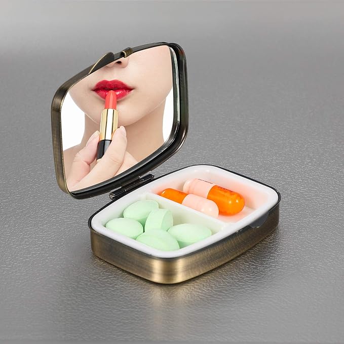 Dynippy Pill Case Pill Box with Mirror Retro Pocket 2 Compartment Medicine Case Vitamin Pill Organizer for Pocket Purse and Travel (A-Van Gogh The Starry Night)