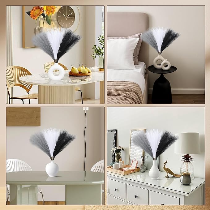Faux Pampas Grass Decor 17.7 Inch 30pcs, Artificial Pampas Grass Fluffy Home Decor, Short Vase Room Decor pompous Grass Flower Arrangement for Boho Home Wedding Decoration (Black,White,Grey)