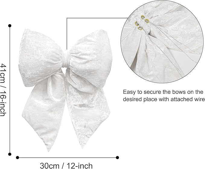 KI Store White Large Plush Velvet Bows Set of 2 12-Inch Christmas Bow Tree Topper for Christmas Tree Decoration Door Window Decor