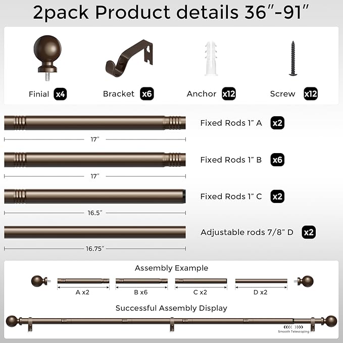 2 Pack Bronze Curtain Rod, 1 Inch Adjustable Heavy Duty Curtain Rods for Windows 48 to 84 Inch, Decorative Modern Window Treatment Rods, Splicing Metal Drapery Pole, Easy Installation