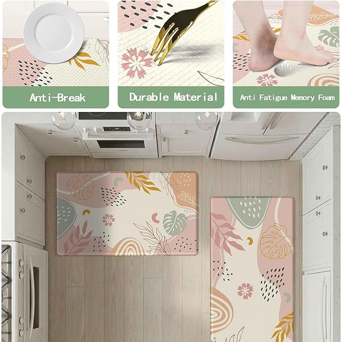 Boho Kitchen Rug Mats for Floor Cushioned Anti Fatigue Pink Kitchen Rugs Sets of 2 Botanical Non Slip Waterproof Comfort Memory Foam Standing Floor Mat for Office Laundry Sink Desk