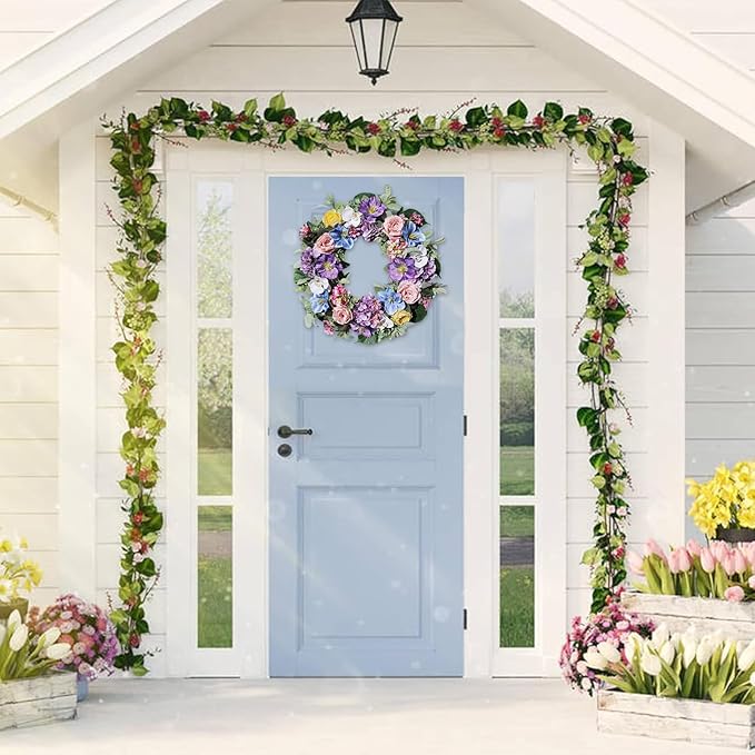 24 Inch Spring Summer Wreaths for Front Door, Spring Summer Door Wreaths, Artifical Floral Flowers Wreath with Purple Hydrangea,Pink Rose,Blue Tulip,Large Wreaths for Spring Summer Outdoor Home Decor