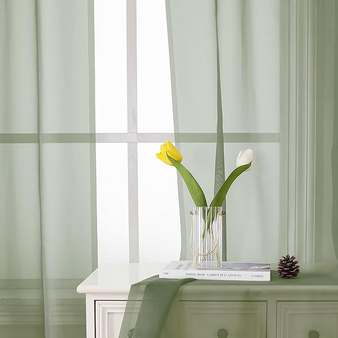 Lecloud Sheer Curtain Panels Set 96" Inches Long, Solid Voile Light Filtering Airy Curtains Window Treatment Drapes for Living Room, 2 Panels Elegant Bedroom Sheer Curtains, Sage Green, 40" Wx96 L