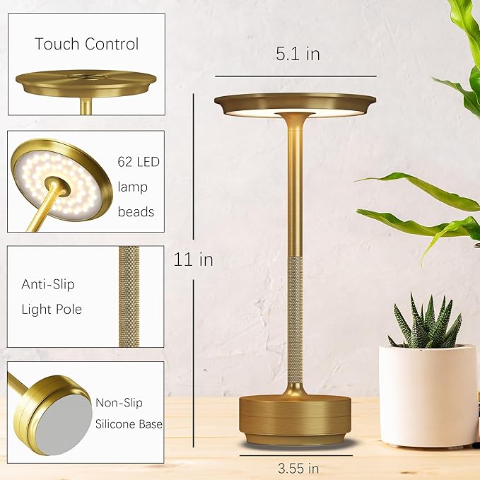 2 Pack Cordless Table Lamps Rechargeable, 5000mAh Portable LED Table Light, 3 Color Stepless Dimming Battery Powered Table Lamp, for Patio/Restaurant/Home/Outdoor.(Brushed Gold)