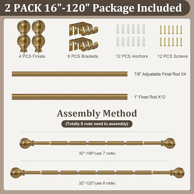 2 Pack Warm Gold Curtain Rods Set for Windows 66 to 120 Inch Brass Long Adjustable Window Curtain Rod Heavy Duty 1" Diameter with Metal Finials for Living Room Bedroom Farmhouse Kitchen Outdoor