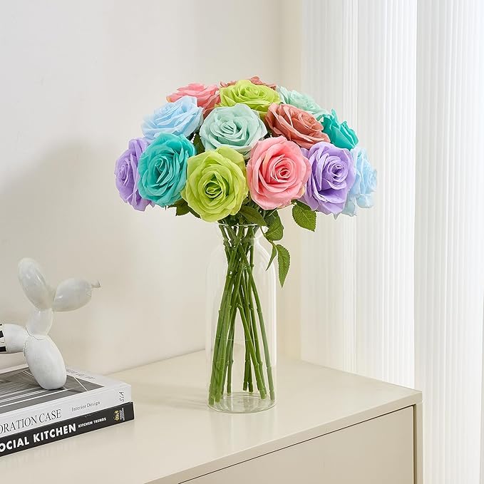 15pcs Fake Roses Light Dusty Rose Artificial Silk Flowers Faux Rose Flower Long Stems Bouquet for Arrangement Wedding Centerpiece Party Home Kitchen Decor