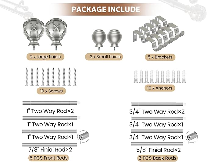 KAMANINA 1 Inch Double Curtain Rods for Windows 140 to 195 Inches (12-16 Feet), Silver Heavy Duty Double Curtain Rod, Telescoping Drapery Rod with Netted Texture Finials