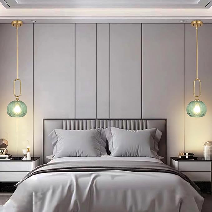 Green Glass Pendant Light Set of 2 Modern Globe Pendant Lighting Nordic Ribbed Gold Ceiling Hanging Chandelier with Brushed Brass Adjustable Rods Dining Room Kitchen Island Light Fixture
