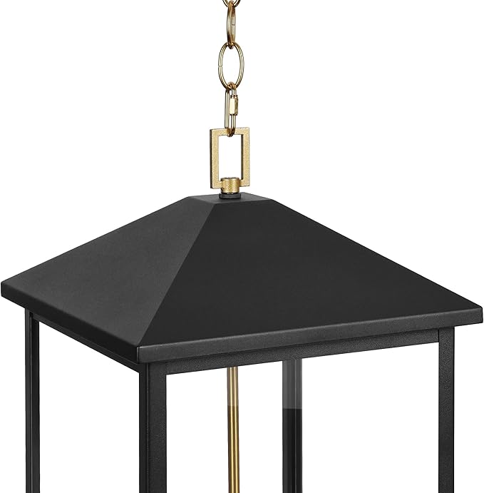LamQee 21.2'' Large Outdoor Pendant Light Fixtures, 3-Light Modern Black Exterior Ceiling Hanging Lantern with Gold and White Candle, Outside Chandelier Lighting for Front Porch Entryway Patio Gazebo
