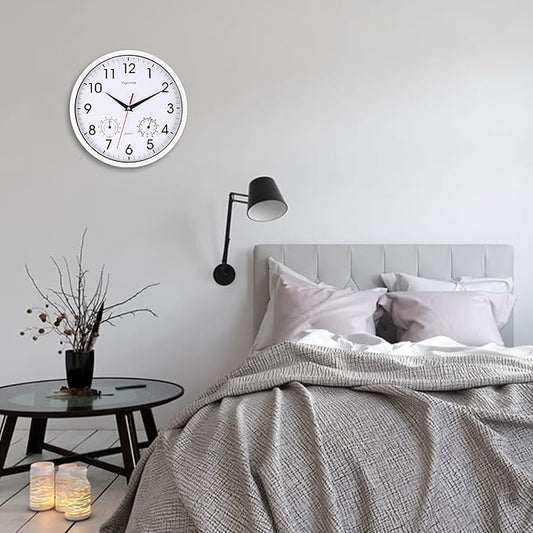 Wall Clock, Sweep Silent Movement Accurate Clocks with Temperature & Humidity, Decorative for Kitchen/Living Room/Bedroom/Office/School/Classroom (White, 10 inch)