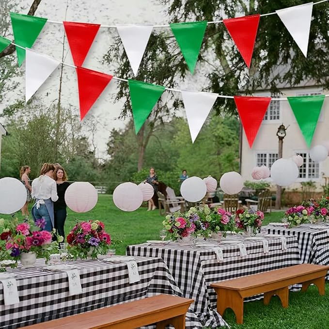 Red & White & Green Pennant Banner Flags | OSHA 500lb Rated | Strand Fade Resistant 【102FT】