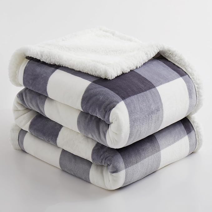PU MEI Sherpa Blanket Fleece Throw Blanket Full Queen Plaid Thick Bed Blanket, Soft Warm Cozy Grey Checkered Throw Blanket 80"*90"