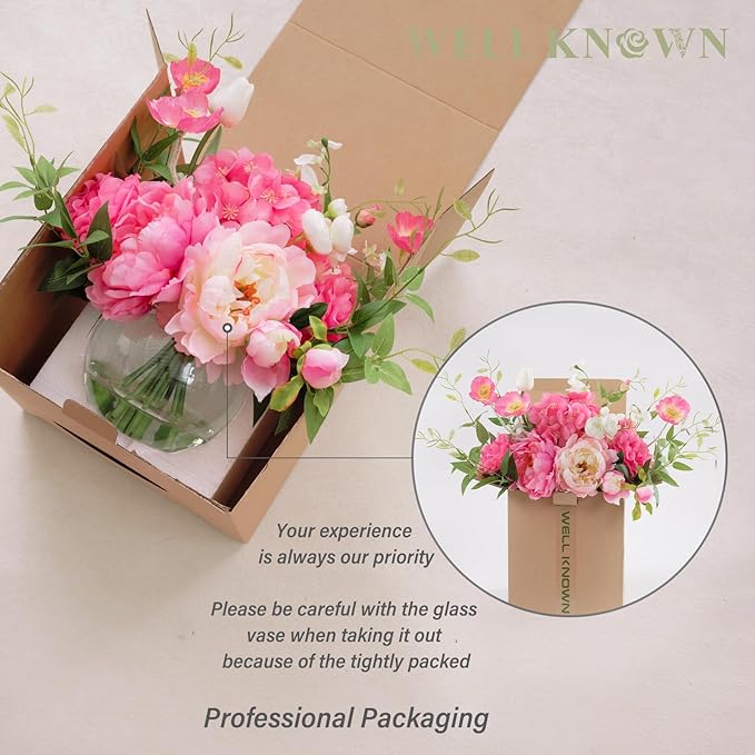Artificial Flowers in Vase, WELL KNOWN Silk Hydrangea Bouquet and Peonies Artificial Flowers Table Centerpieces with Faux Water for Home Decor Fake Tulips Flower Arrangements for Table Decor (Fuchsia)