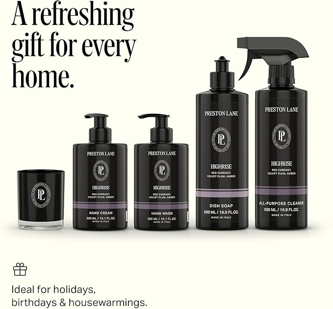Preston Lane Signature Home Set – All Purpose Cleaner, Dish Soap, Hand Wash, Hand Cream & Scented Candle | Plant-Powered Cleaning & Care Essentials with Fine Italian Fragrance, Highrise