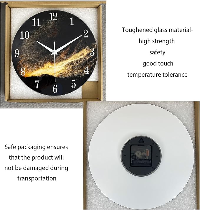 Black Wall Clock for Living Room 14 Inch Glass Analog Wall Clock Battery Operated Silent Clock for Bedroom Office