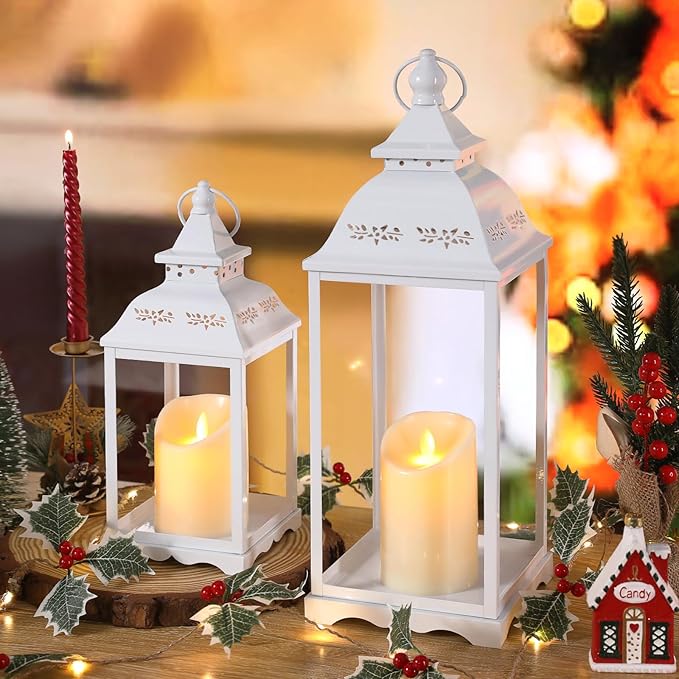 2 Pack Lanterns Decorative Indoor, White Farmhouse Outdoor Lantern for Porch, 17'' 12'' Floor Lantern Decor (no Glass) with 2PCS LED Flameless Candles for Wedding Home Table Front Door