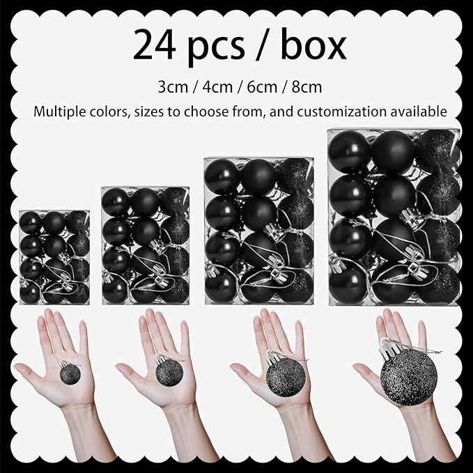 24 Count Small Black Christmas Ornaments Balls, Mini Black Ornaments for Christmas Tree, Plastic Shatterproof Valentine Tree Decorative Hanging Bulbs Ball for Xmas Outdoor Party Decorations, 1.6 inch