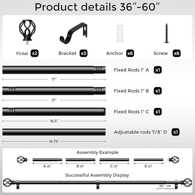 Black Curtain Rods for Windows 30 to 56 Inch, Decorative Window Treatment Rods with Aluminium Twisted Cage Finial, 1" Diameter Adjustable Heavy Duty Metal Farmhouse Drapery Pole