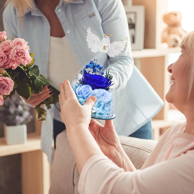 FIACO Gifts for Women Preserved Rose Forever Flower Rose in Glass Angel Figurine Preserved Fresh Flowers for Delivery Prime Mothers Day Birthday Gifts for Mom Grandma Wife Sister Blue