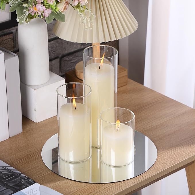 Shihanee Set of 6 Pillar Candles with Glass Cylinder Vases Clear Cylinder Hurricane Candleholders for Slim Tall Pillar Candles Wedding Thanksgiving Day Centerpieces(3'' X 5.9", 7.9", 9.8",Ivory)