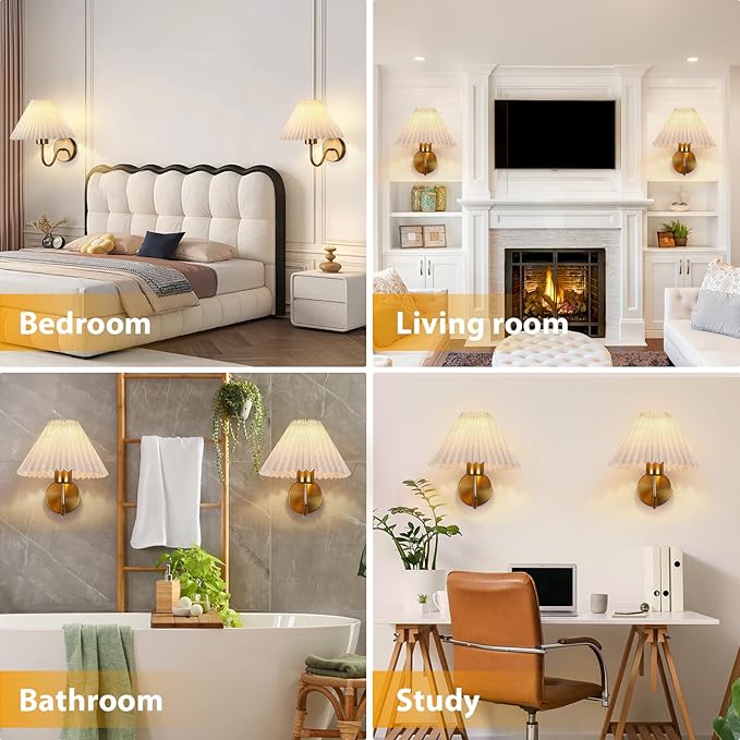 Battery Operated Wall Sconce Set of 2, Wireless Wall Sconces, Pleated Shades Rechargeable Wall Lights with Remote Control, Dimmable 15 Colors & Magnetic Bulbs Home Decor for Bedroom Living Room(Gold)