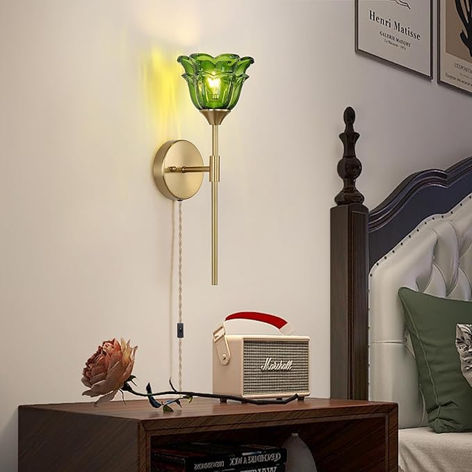 2 Pack Plug in Gold Wall Sconce with Green Glass Shades, Modern Mid Century Bathroom Vanity Wall Light Fixtures, Industrial Brushed Brass Wall Lamp, for Bedroom Mirror Living Room, ETL Listed