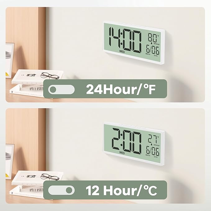 JALL 14.5" Large Digital Wall Clock Battery Operated with Big Digits LCD Screen Display, Day, Date, Alarm, Auto DST, Temperature for Living Room, Bedroom, Desk Decor, Mounted, Gift for Elderly