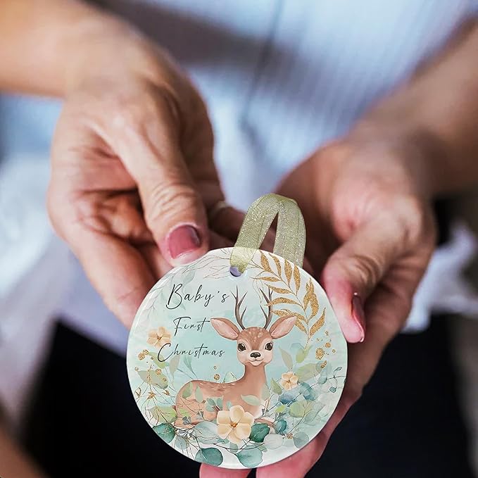 Babys First Christmas Ornaments 2025 Babies First Christmas Ornament Baby's 1st Ornament Boys Girls Round Ceramic Decoration with Gift Box&Ribbon (2.9"
