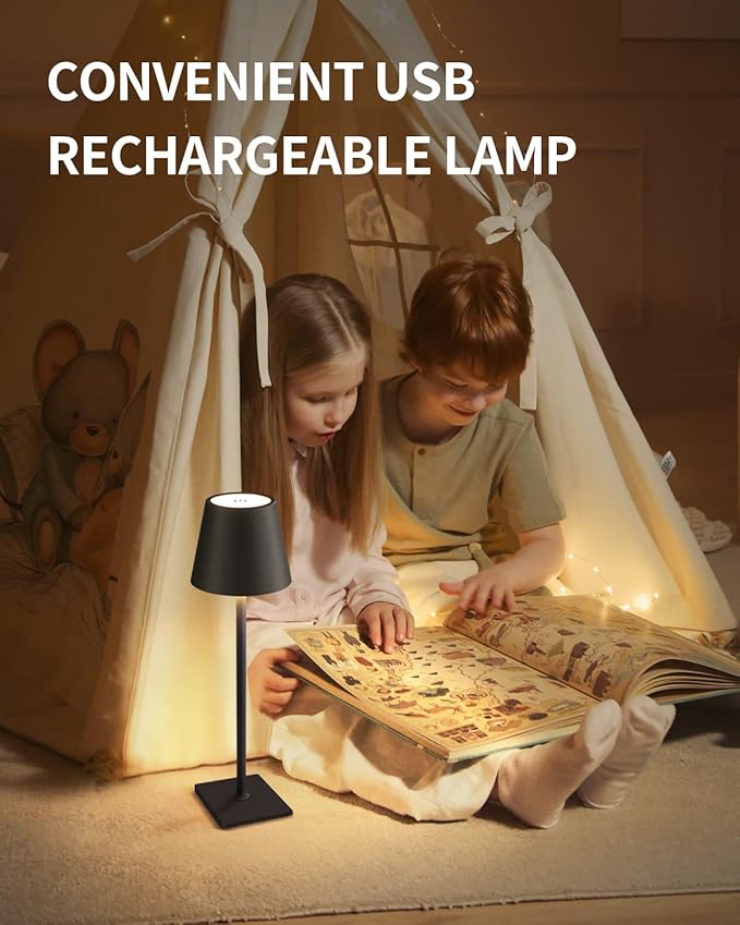 KDG Cordless Table Lamp, Portable LED Desk Lamp, 5000mAh Battery Operated, 3 Color Stepless Dimming Up, for Restaurant/Bedroom/Bars/Outdoor Party/Camping/Coffee Shop Atmosphere Night Light(Black)