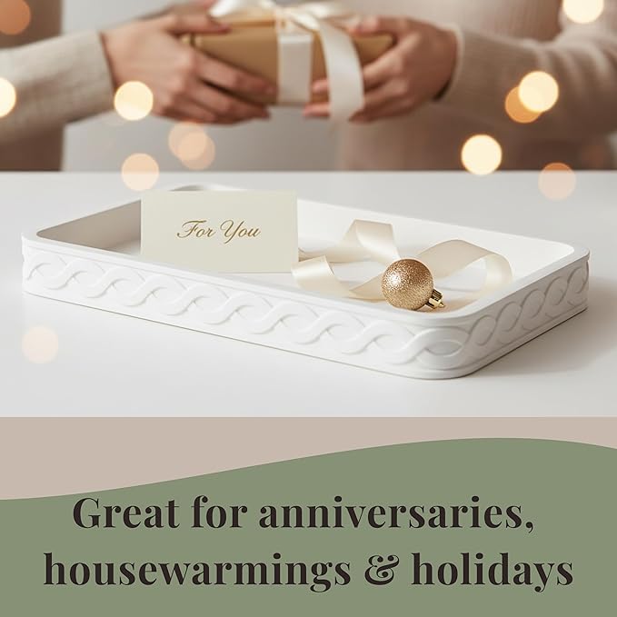 Decorative Tray for Coffee Table - 14” Cream White Concrete with Infinity Twist Design, Coffee Table Tray, Waterproof, Stain-Resistant, Durable, Tray Decor with Anti-Slip Pad, Multi-Use & Eco-Friendly