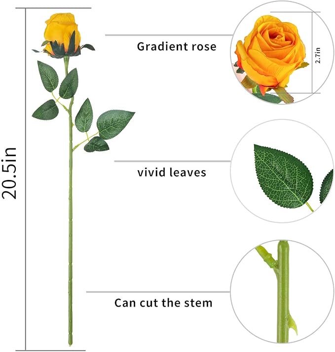 Flojery 10pcs Artificial Rose Flowers Long Stem Fake Silk Roses for DIY Wedding Bouquet Table Centerpiece Home Decor (Orange)