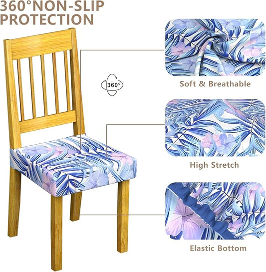 Stretch Dining Chair Seat Covers Set of 6,Dining Chair Slipcovers, Floral Printed Chair Covers,Soft Fabric Washable Upholstered Chair Seat Protector, No Rear Covers for Home Kitchen Dining Room