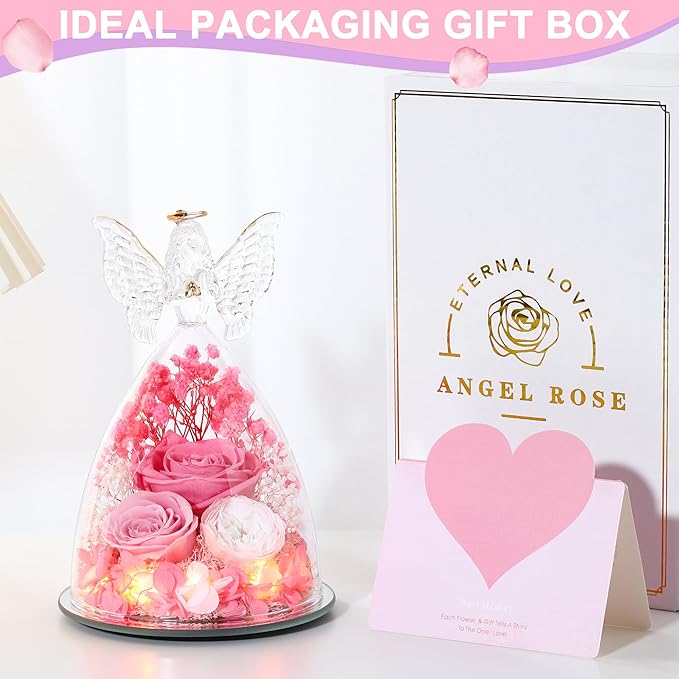 Christmas Rose Gifts for Women Preserved Real Flower in Glass Angel Figurines Roses for Delivery Prime Birthday Gifts for Mom Grandma Girlfriend Wife Her,Pink Austin Roses