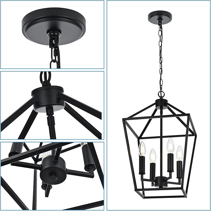 MELUCEE Farmhouse Chandelier 4 Lights Lantern Pendant Light in Black Finish Vintage Openwork Cage Hanging Light Ceiling for Kitchen Island Dining Room Hallway Entryway, E12 Base