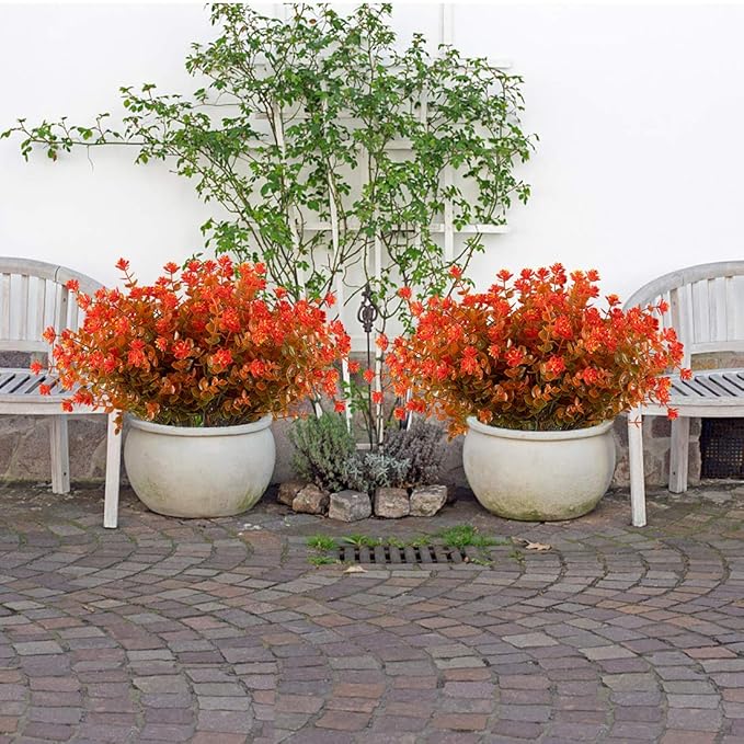 8 Bundles Artificial Flowers, Fake Artificial Greenery UV Resistant No Fade Faux Plastic Plants for Wedding Bridle Bouquet Indoor Outdoor Home Garden Kitchen Office Table Vase (Orange Red)