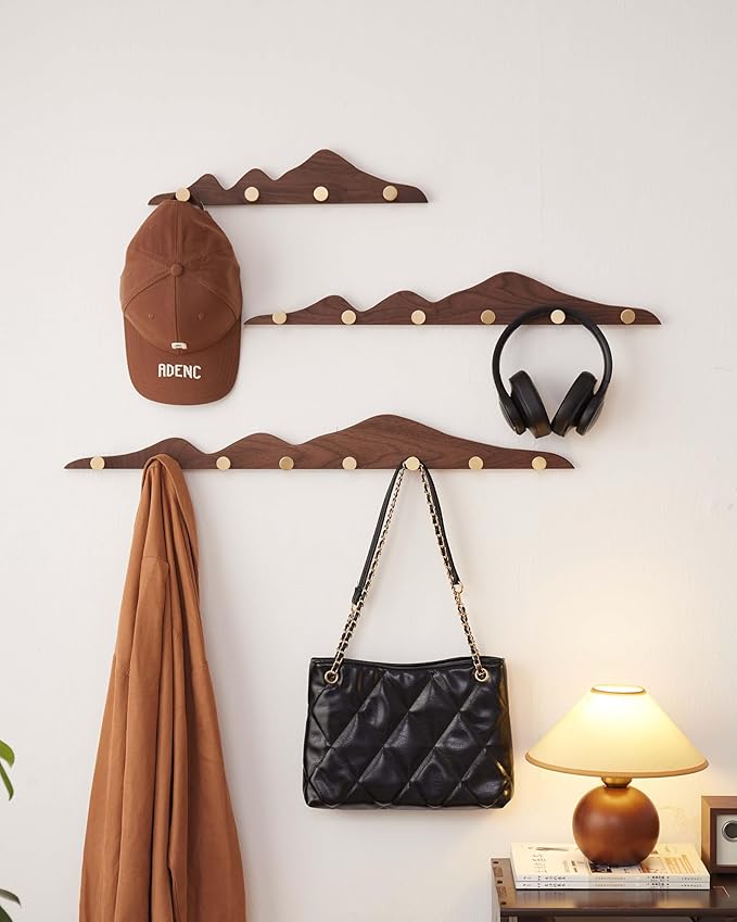 Wood Coat Hooks Wall Mount - Wooden Coat Rack with 4 Gold Brass Hooks for Entryway Bathroom Bedroom, Modern Decorative Wall Hooks Heavy Duty Organizer for Hanging Clothes Hats Bags Robes Towels Purse