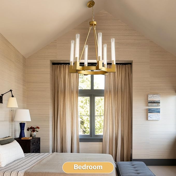 Gold Farmhouse Wagon Wheel Chandelier with Glass Tube, 23.6 Inch Large Round 6-Light Luxurious Chandelier Fixture Ceiling Pendant Lighting for Living Room, Dining Room, Bedroom, Foyer