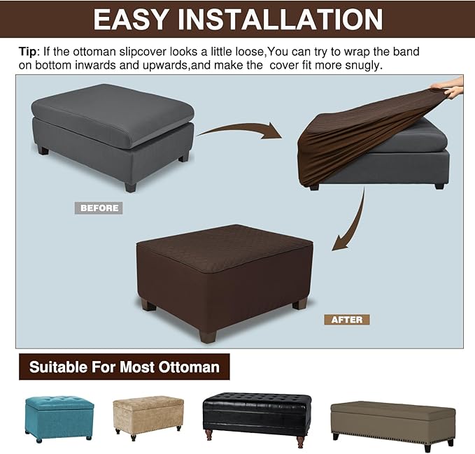 NeColorLife Ottoman Cover Rectangle Waterproof Ottoman Slipcover Rectangular Thick Storage Footrest Stool Covers Furniture Protector for Pets(Medium,Chocolate&Dark Coffee)