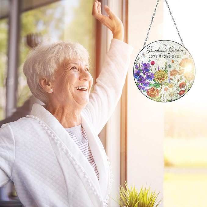 FLAGWIX Grandma Christmas Birthday Gifts - Grandmas Garden Stained Glass Window Hanging with Base 10 in - Birthday Gift for Grandma, Grandparents Day Gifts for Nana Gigi, Sun Catchers Indoor Window